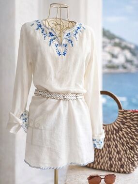 Coldwater Creek Linen Embroidered Tunic Blue Floral Boho Top M